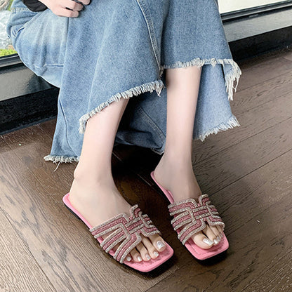 ⏳Limited-time 50% off⏰Women's Geometric Rhinestone Square Toe Flat Slides💎👡