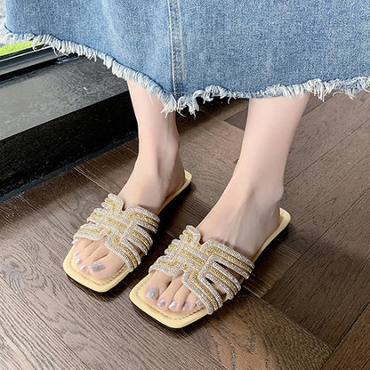 ⏳Limited-time 50% off⏰Women's Geometric Rhinestone Square Toe Flat Slides💎👡