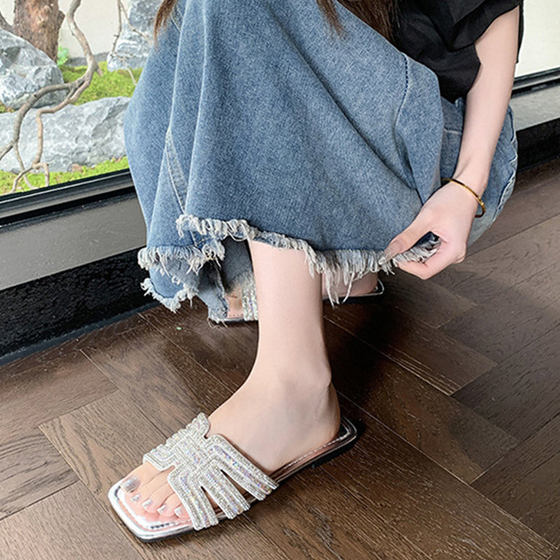 ⏳Limited-time 50% off⏰Women's Geometric Rhinestone Square Toe Flat Slides💎👡