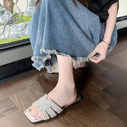⏳Limited-time 50% off⏰Women's Geometric Rhinestone Square Toe Flat Slides💎👡