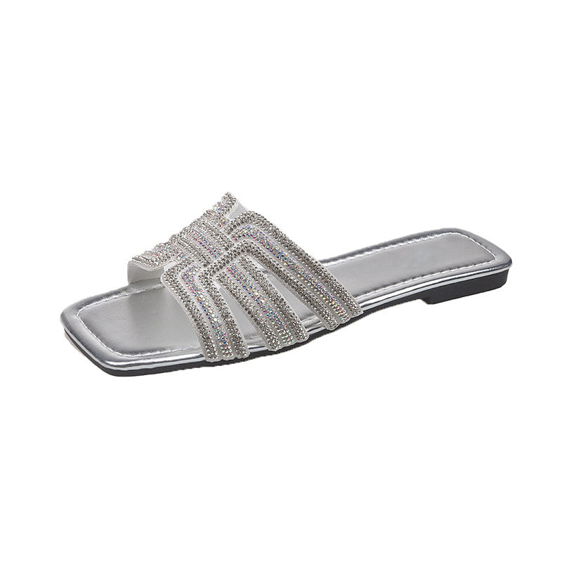 ⏳Limited-time 50% off⏰Women's Geometric Rhinestone Square Toe Flat Slides💎👡