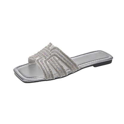 ⏳Limited-time 50% off⏰Women's Geometric Rhinestone Square Toe Flat Slides💎👡