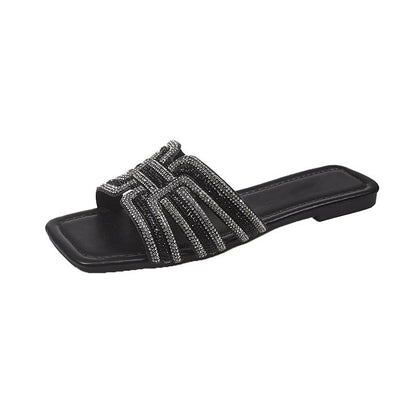 ⏳Limited-time 50% off⏰Women's Geometric Rhinestone Square Toe Flat Slides💎👡