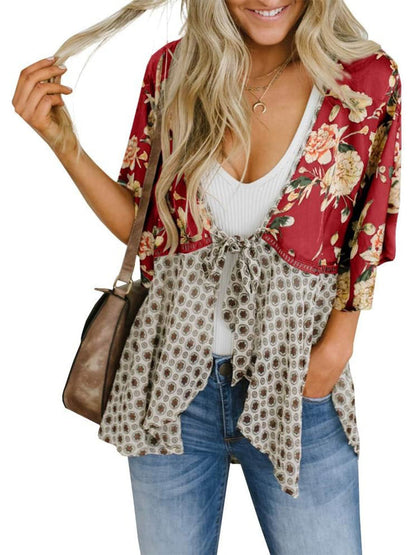 🔥Summer Hot Sale-50% Off!!✨Women's Floral Kimono Ruffle Sleeve Tie Cardigans Flowy Boho Loose Cover Ups