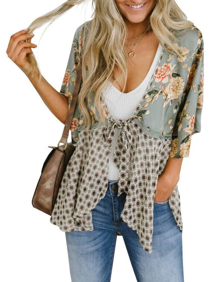 🔥Summer Hot Sale-50% Off!!✨Women's Floral Kimono Ruffle Sleeve Tie Cardigans Flowy Boho Loose Cover Ups