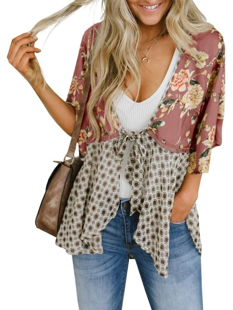 🔥Summer Hot Sale-50% Off!!✨Women's Floral Kimono Ruffle Sleeve Tie Cardigans Flowy Boho Loose Cover Ups