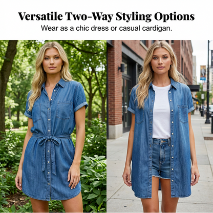 🔥50% OFF!👗Women's Casual Denim Shirt Dress with Drawstring Waist