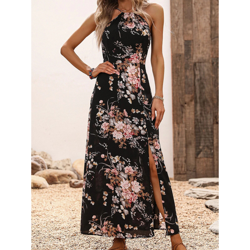 🎁Exclusive 50% OFF | Women's Floral Print Split Halter Dress | Elegant Neck-Hanging Sleeveless Midi Dress | Versatile Commuter & Summer Outfit