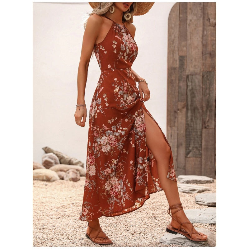 🎁Exclusive 50% OFF | Women's Floral Print Split Halter Dress | Elegant Neck-Hanging Sleeveless Midi Dress | Versatile Commuter & Summer Outfit