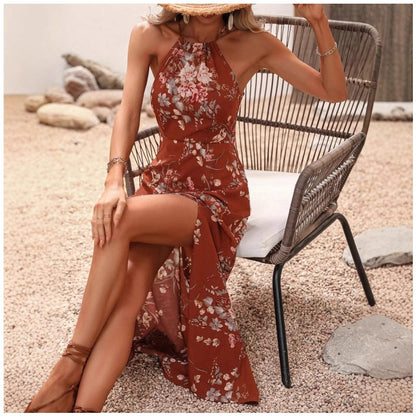 🎁Exclusive 50% OFF | Women's Floral Print Split Halter Dress | Elegant Neck-Hanging Sleeveless Midi Dress | Versatile Commuter & Summer Outfit