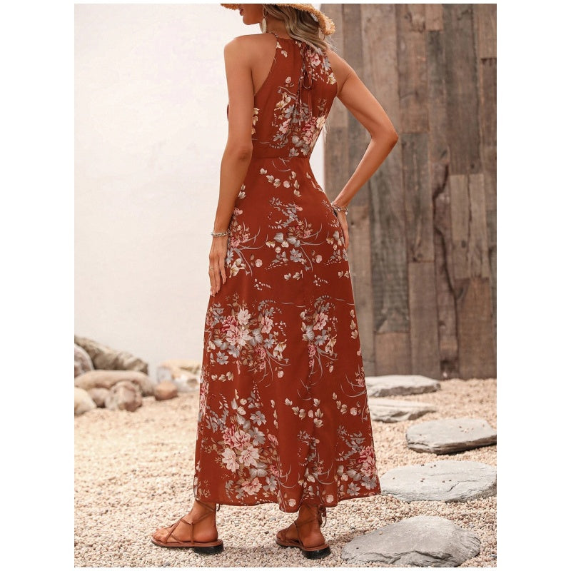 🎁Exclusive 50% OFF | Women's Floral Print Split Halter Dress | Elegant Neck-Hanging Sleeveless Midi Dress | Versatile Commuter & Summer Outfit