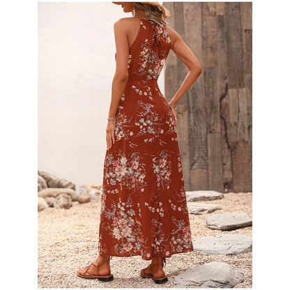 🎁Exclusive 50% OFF | Women's Floral Print Split Halter Dress | Elegant Neck-Hanging Sleeveless Midi Dress | Versatile Commuter & Summer Outfit