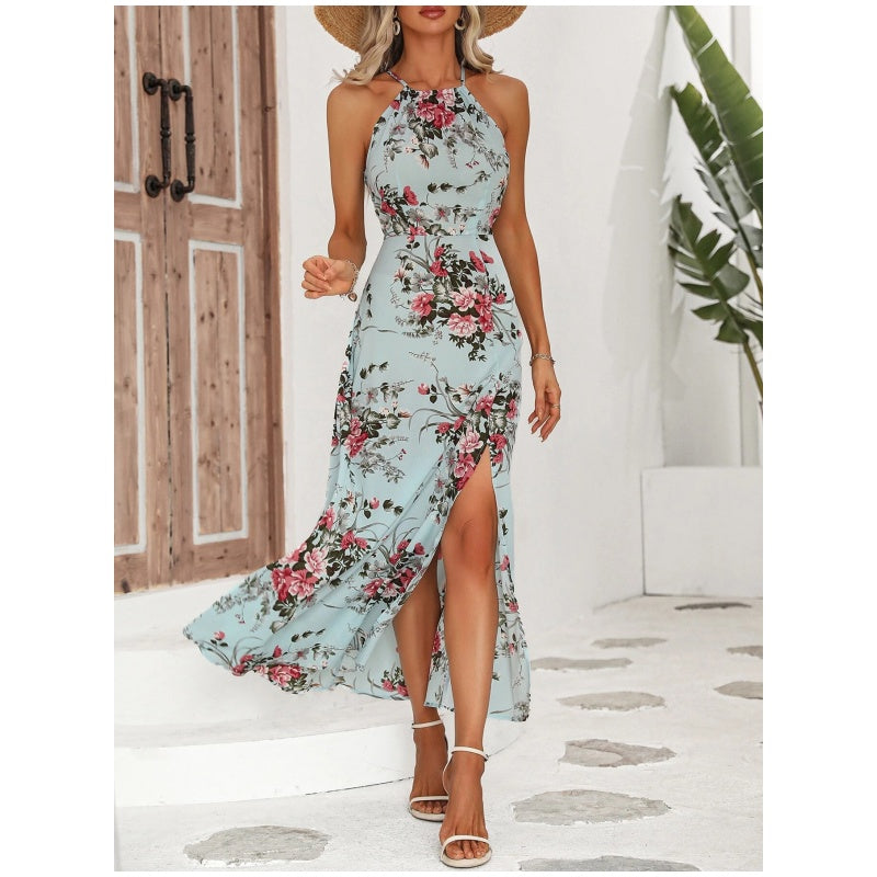 🎁Exclusive 50% OFF | Women's Floral Print Split Halter Dress | Elegant Neck-Hanging Sleeveless Midi Dress | Versatile Commuter & Summer Outfit