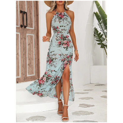 🎁Exclusive 50% OFF | Women's Floral Print Split Halter Dress | Elegant Neck-Hanging Sleeveless Midi Dress | Versatile Commuter & Summer Outfit