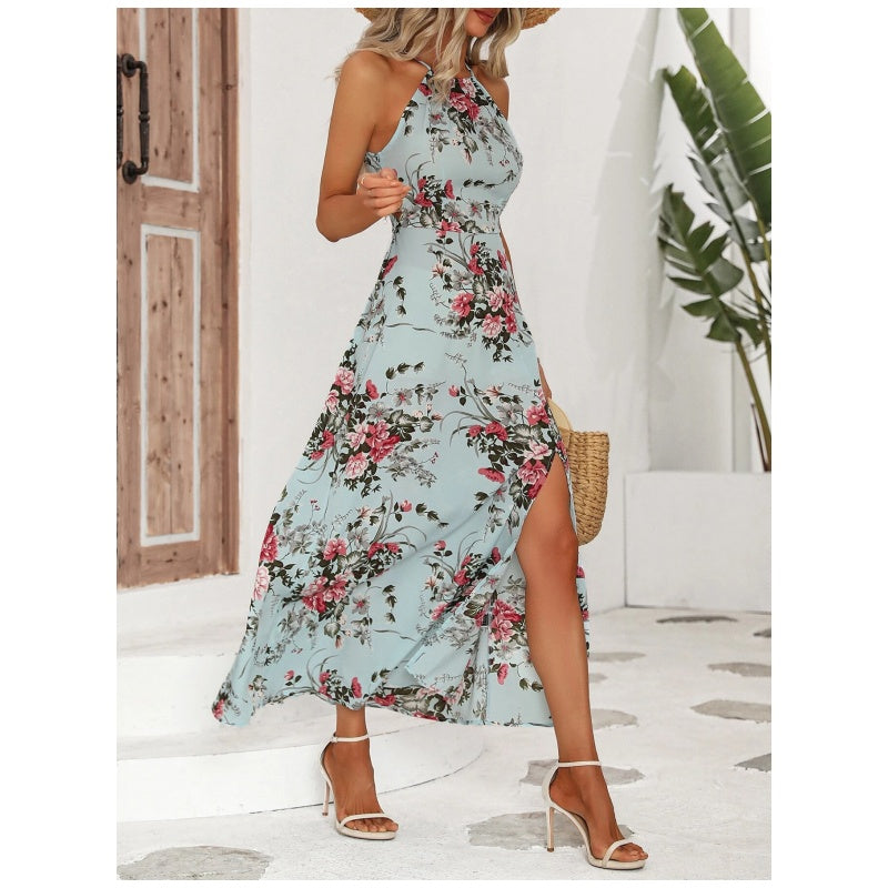 🎁Exclusive 50% OFF | Women's Floral Print Split Halter Dress | Elegant Neck-Hanging Sleeveless Midi Dress | Versatile Commuter & Summer Outfit