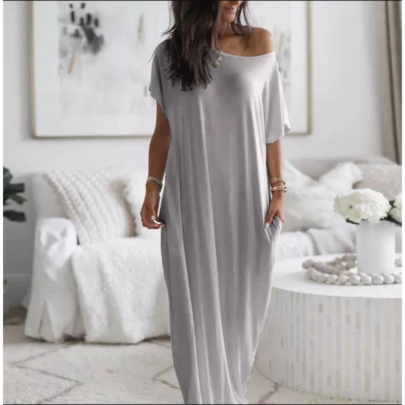 ⏳Limited-time 50% off⏰Women's Casual Loose Solid Color Short-Sleeve Long Dress👗