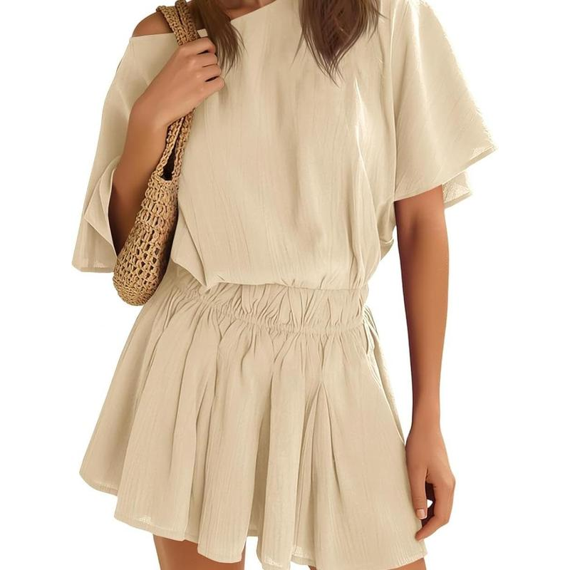 🔥Hot Deals-Women’s Casual Short Sleeve Elastic Waist Loose Flowy Mini Skirt Dress