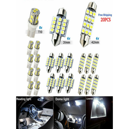 🚗20-Piece LED Car Lighting Kit: Includes roof lights, T10 parking lights, dual-tip reading lights, license plate lights, and interior lights