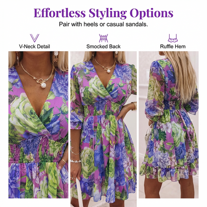 🎁2026 New Arrivals 50% OFF💥Women's Floral V-Neck Ruffle Hem A-Line Dress💐👗