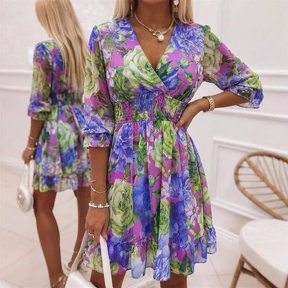 🎁2026 New Arrivals 50% OFF💥Women's Floral V-Neck Ruffle Hem A-Line Dress💐👗