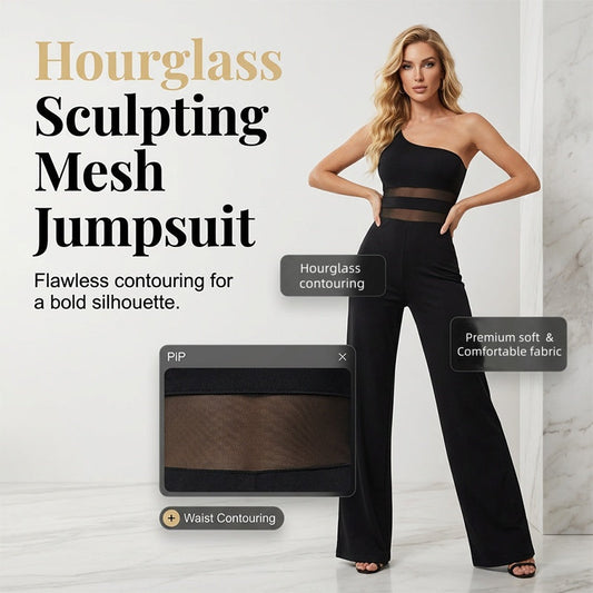 👯 LIMITED TIME 50% OFF! ✨ One-Shoulder Mesh Panel Wide-Leg Jumpsuit – Sculpting, Elegant, Alluring 💃