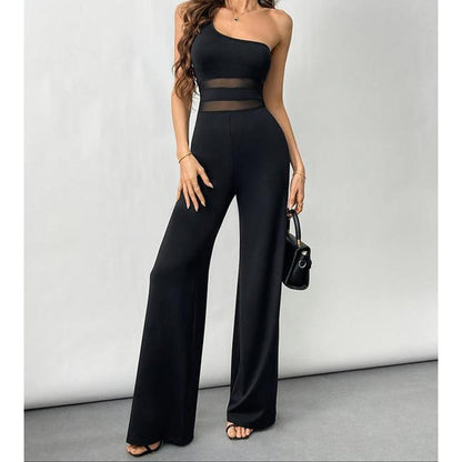 👯 LIMITED TIME 50% OFF! ✨ One-Shoulder Mesh Panel Wide-Leg Jumpsuit – Sculpting, Elegant, Alluring 💃