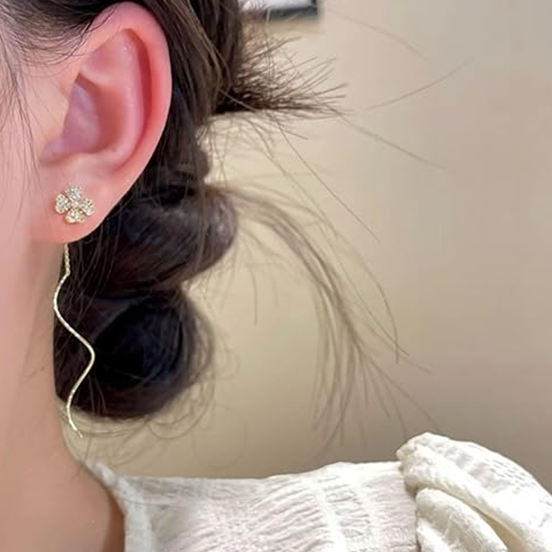 Sparkling Zirconia Clover Tassel Earrings