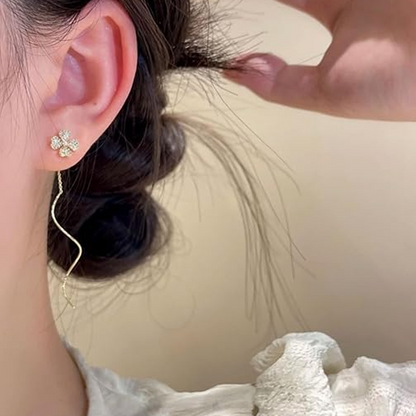 Sparkling Zirconia Clover Tassel Earrings