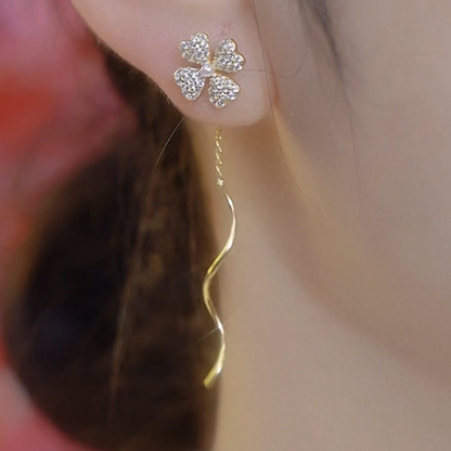 Sparkling Zirconia Clover Tassel Earrings