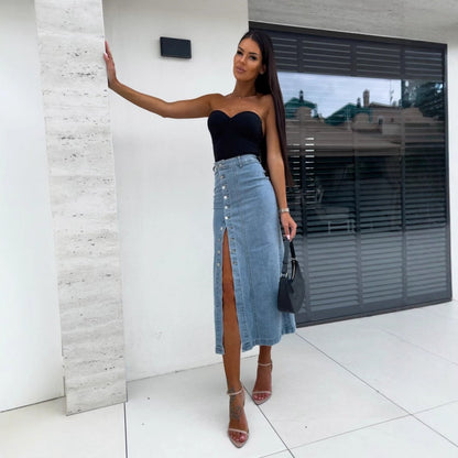 🔥2026 Hot sale 50% OFF🔥Stylish Button Closure Split Denim Bodycon Skirt