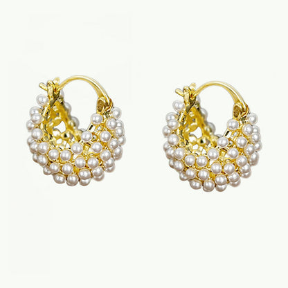 Faux Pearl Basket Hoop Earrings