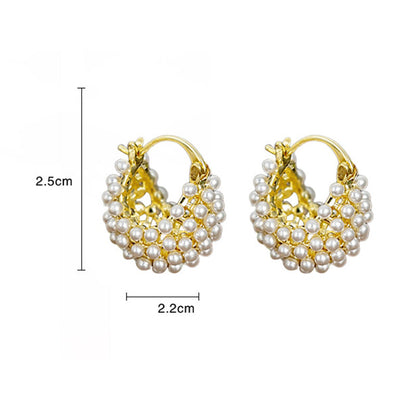 Faux Pearl Basket Hoop Earrings