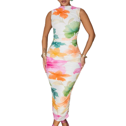 🌸 LIMITED-TIME 50% OFF! 👗 Sleeveless Floral Bodycon Midi Dress – High Neck, Ruched, Stretchy Mesh 🌹