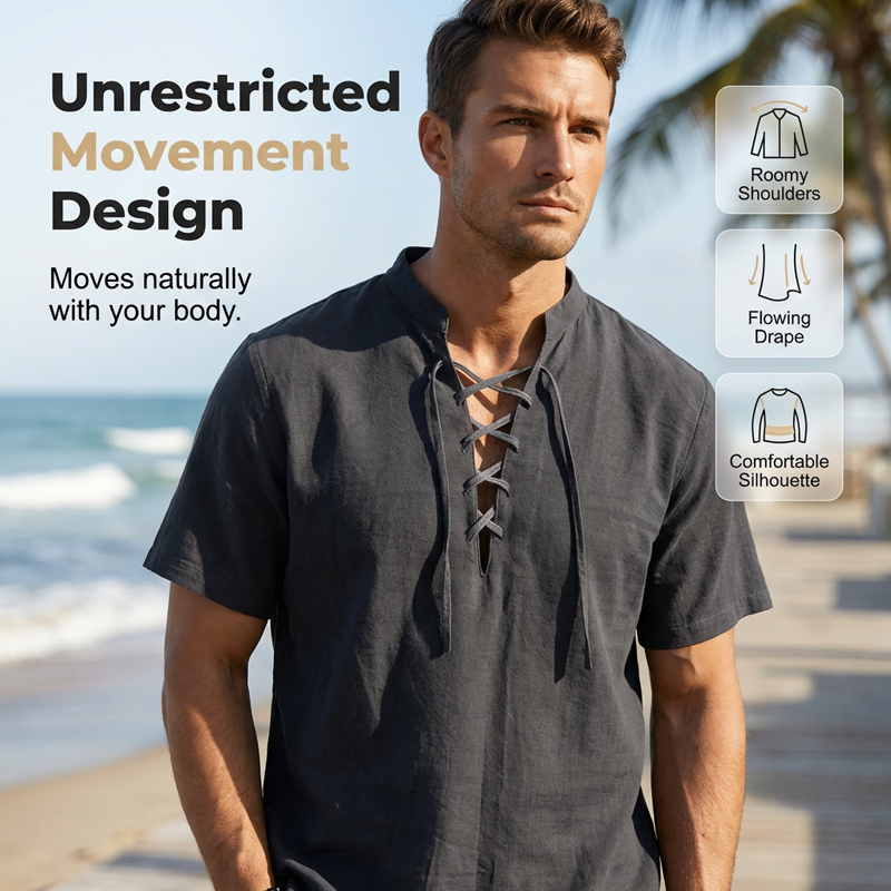 👕 50% OFF NOW! 🏖️ Men’s Casual Lace-Up Short Sleeve Shirt – Breathable Linen Blend ☀️
