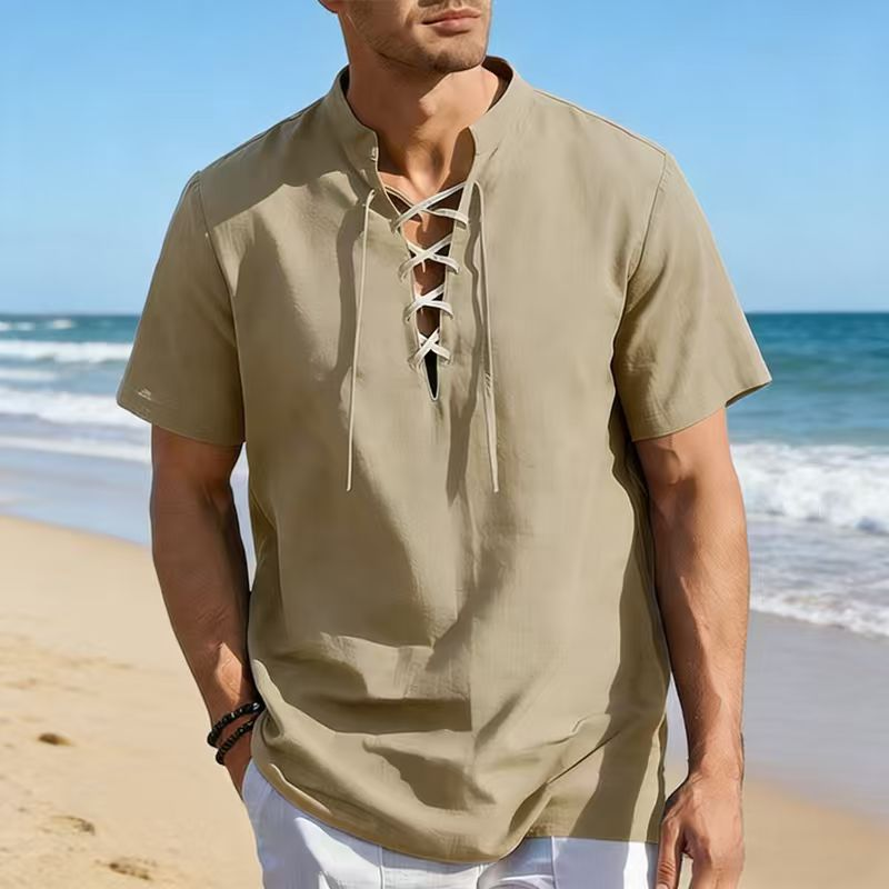 👕 50% OFF NOW! 🏖️ Men’s Casual Lace-Up Short Sleeve Shirt – Breathable Linen Blend ☀️