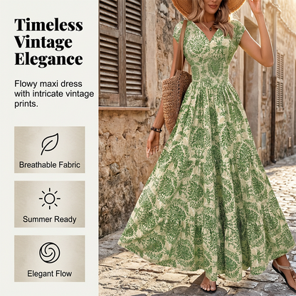 🏖️Summer Cool Deal: 50% OFF!!💃Women’s V-Neck Smocked Floral Maxi Dress – Lightweight Cotton Blend, Summer Essential