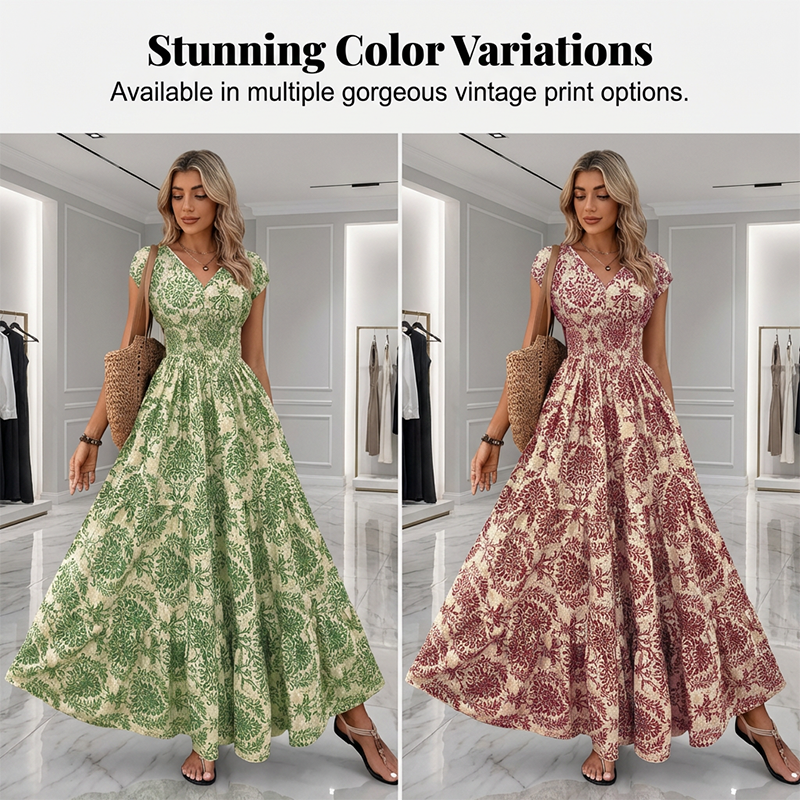 🏖️Summer Cool Deal: 50% OFF!!💃Women’s V-Neck Smocked Floral Maxi Dress – Lightweight Cotton Blend, Summer Essential