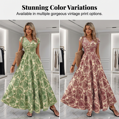 🏖️Summer Cool Deal: 50% OFF!!💃Women’s V-Neck Smocked Floral Maxi Dress – Lightweight Cotton Blend, Summer Essential