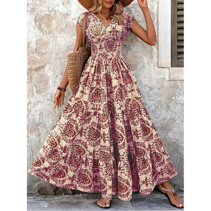 🏖️Summer Cool Deal: 50% OFF!!💃Women’s V-Neck Smocked Floral Maxi Dress – Lightweight Cotton Blend, Summer Essential