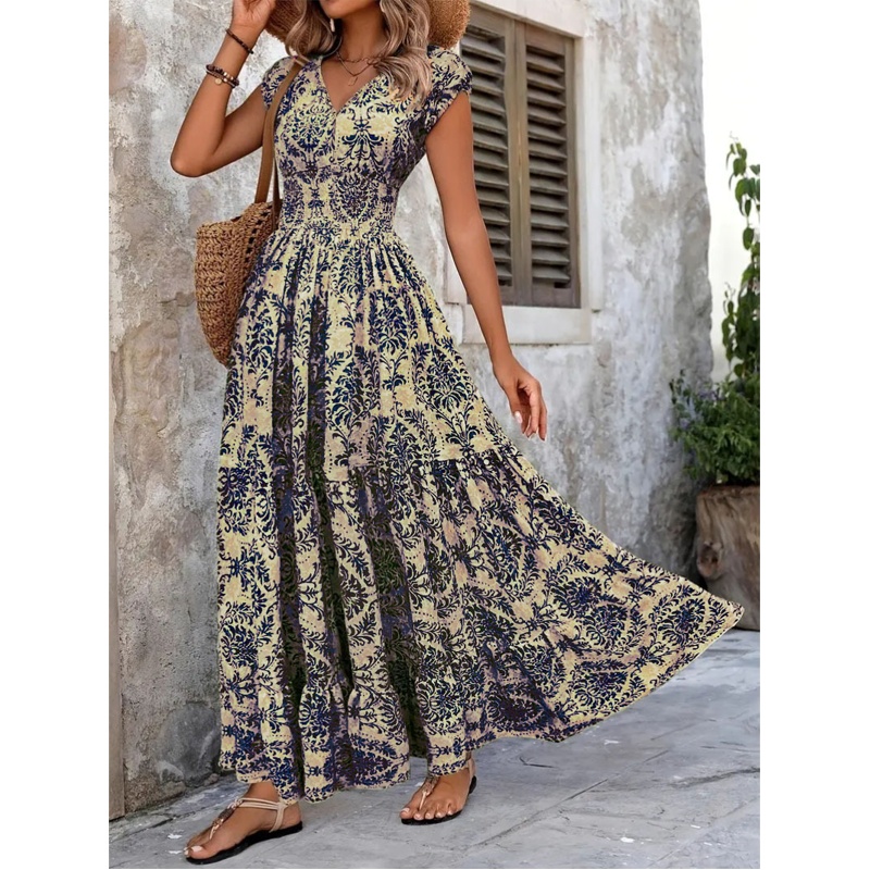 🏖️Summer Cool Deal: 50% OFF!!💃Women’s V-Neck Smocked Floral Maxi Dress – Lightweight Cotton Blend, Summer Essential
