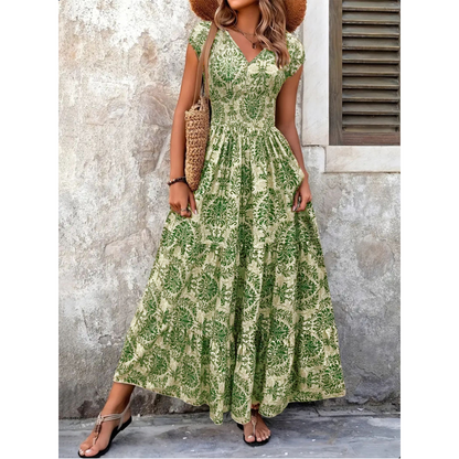 🏖️Summer Cool Deal: 50% OFF!!💃Women’s V-Neck Smocked Floral Maxi Dress – Lightweight Cotton Blend, Summer Essential