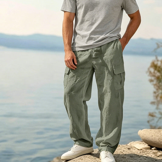 👖50% OFF! ✨ Men's Cotton Linen Cargo Pants with Drawstring Waist – Breathable, Relaxed Fit, Multi-Pocket 🏔️
