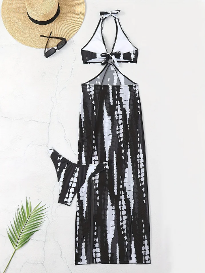 👙  50% OFF! ✨ Striped Two-Piece Swimsuit – Halter Neck Tie, Ring Detail, High Stretch 🌊