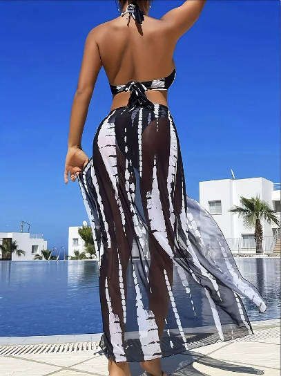👙  50% OFF! ✨ Striped Two-Piece Swimsuit – Halter Neck Tie, Ring Detail, High Stretch 🌊