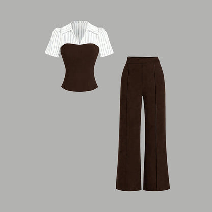⏳Limited-time 50% off⏰Elegant Striped Lapel Tee & Palazzo Pants 2-Piece Set👔👖