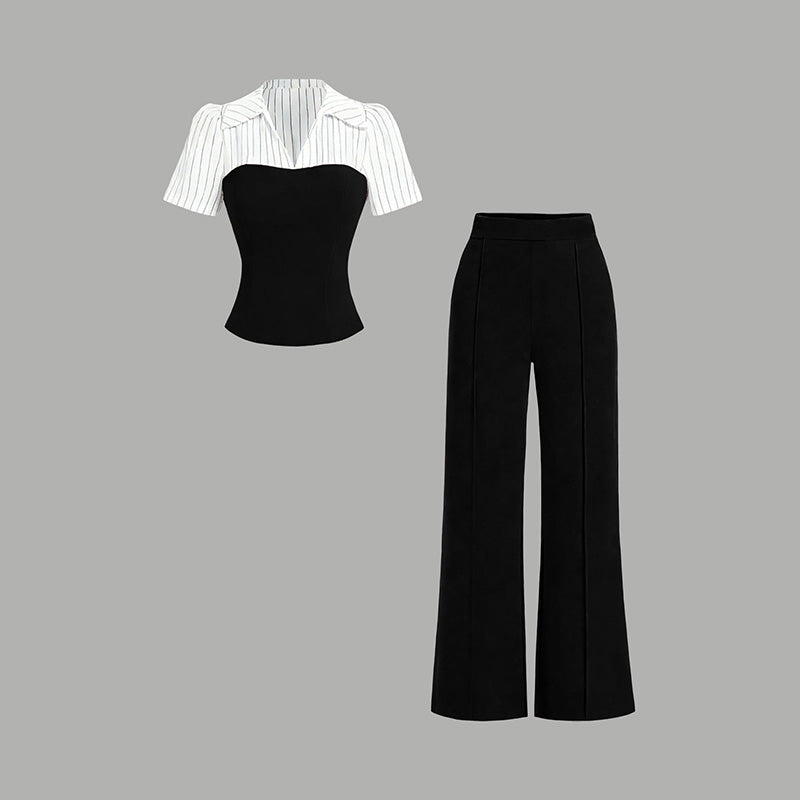 ⏳Limited-time 50% off⏰Elegant Striped Lapel Tee & Palazzo Pants 2-Piece Set👔👖