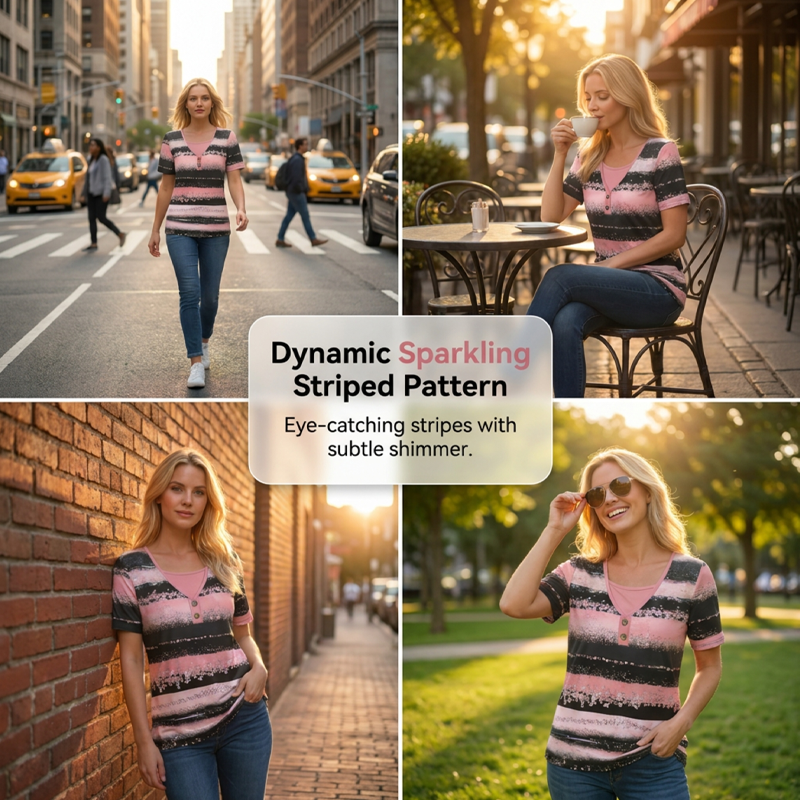 👕 ✨ Faux Two-Piece Striped Top – Henley, Casual ✨