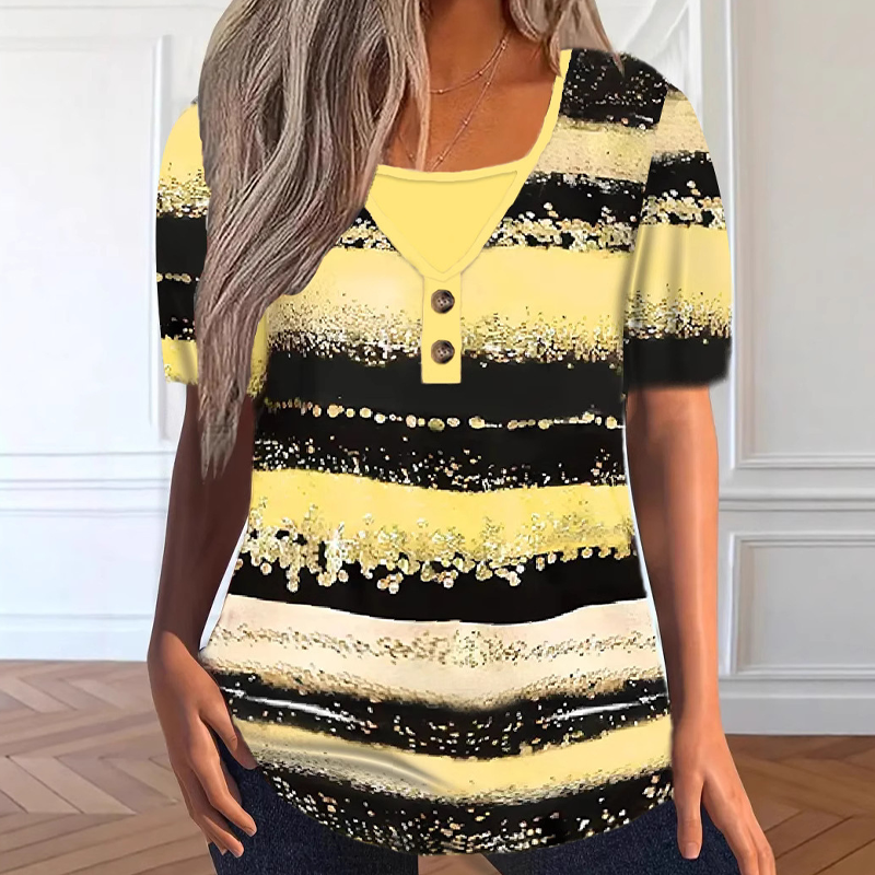👕 ✨ Faux Two-Piece Striped Top – Henley, Casual ✨