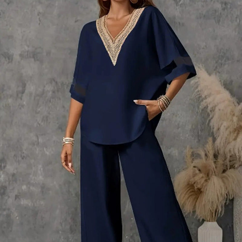 📢📢40% OFF !! ⏰Elegant V-Neck Top & Wide-Leg Pants Set