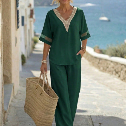 📢📢40% OFF !! ⏰Elegant V-Neck Top & Wide-Leg Pants Set